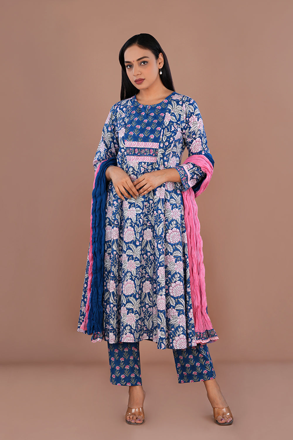 Image of Floral Sanganeri block printed cotton kurta set